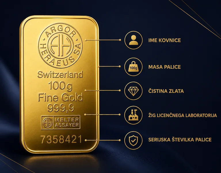 Kako prepoznati Good Delivery zlato palico – oznake na 100 g zlati palici Argor-Heraeus: ime kovnice, masa palice, čistina zlata, žig licenčnega laboratorija in serijska številka